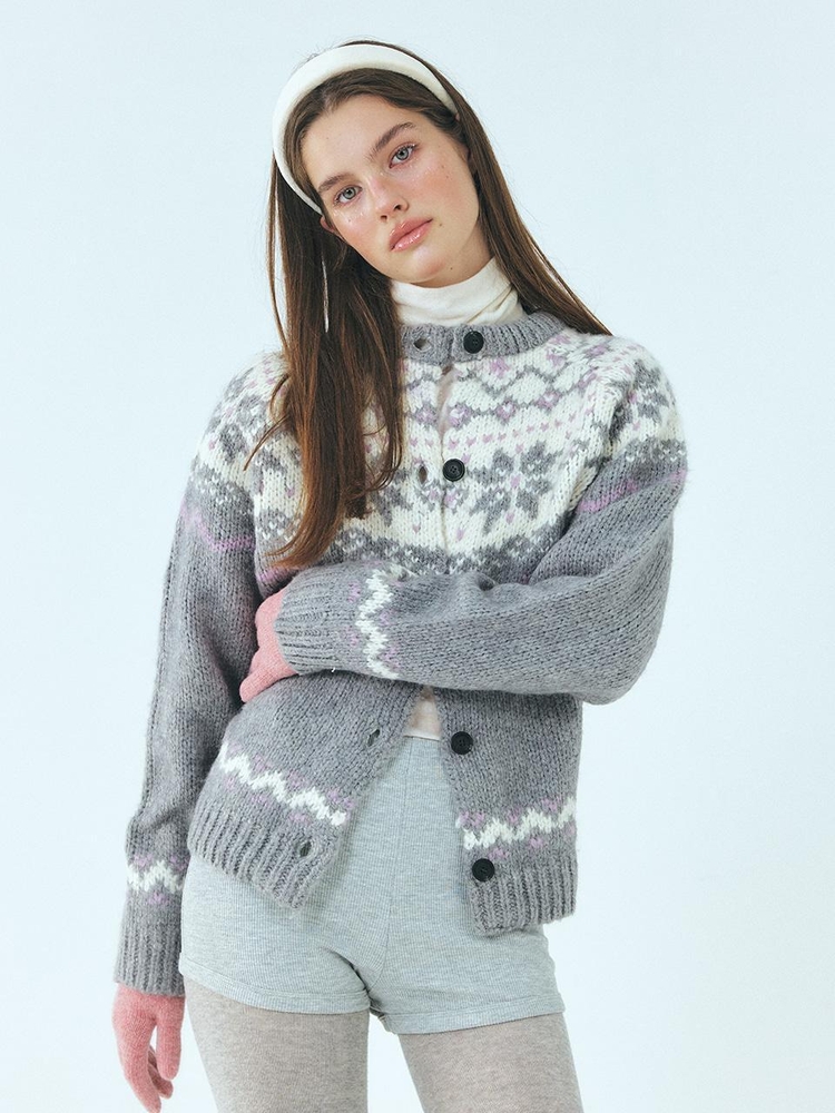 Alpaca Nordic Knit Cardigan, Grey