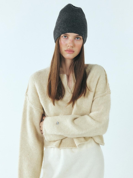 Neck-Slit Knit Pullover, Cream