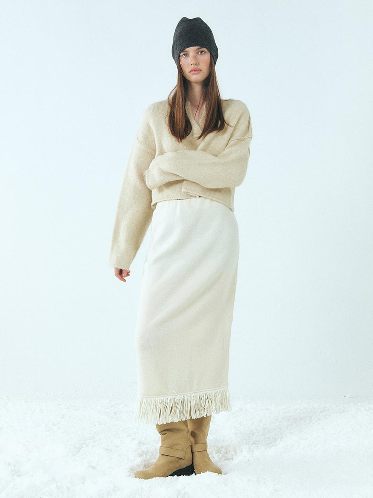 Neck-Slit Knit Pullover, Cream