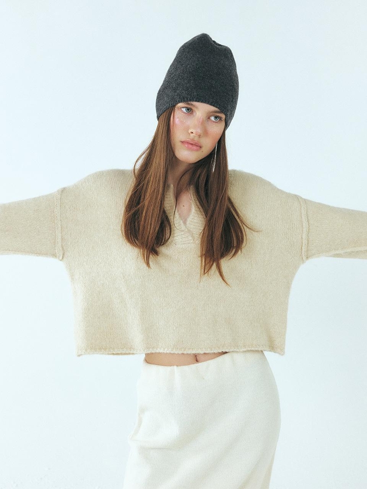 Neck-Slit Knit Pullover, Cream