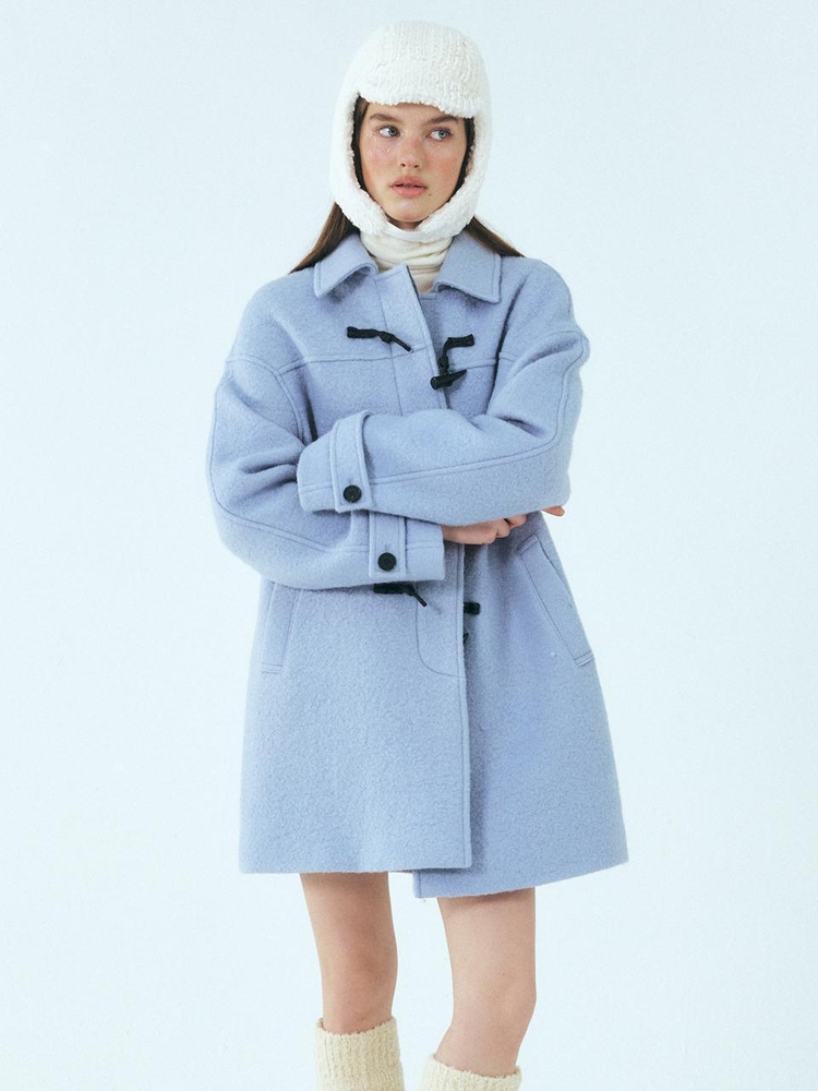 Wool Duffle Half Coat, Sky Blue