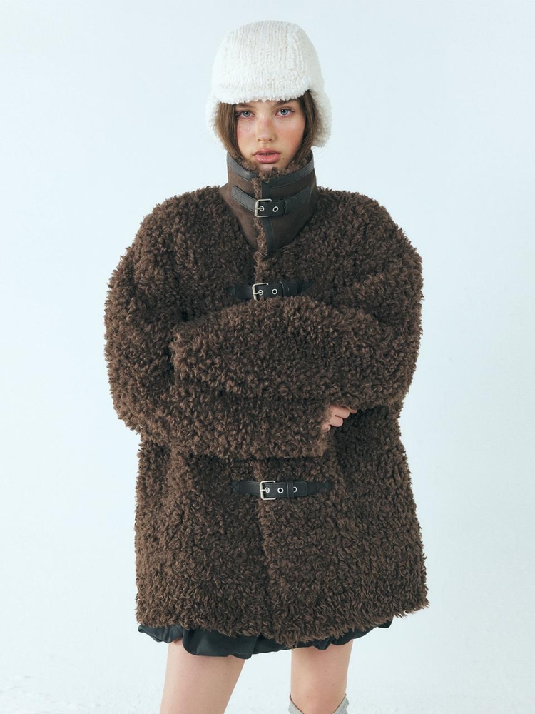 Buckle Shearling Mustang Coat, Brown