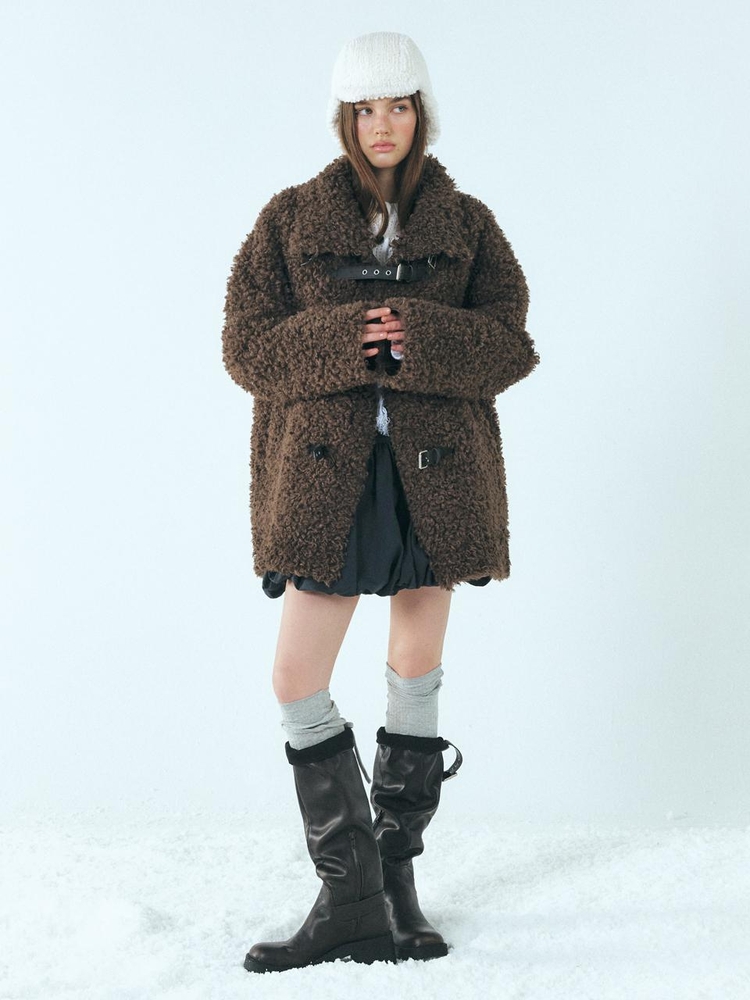 Buckle Shearling Mustang Coat, Brown