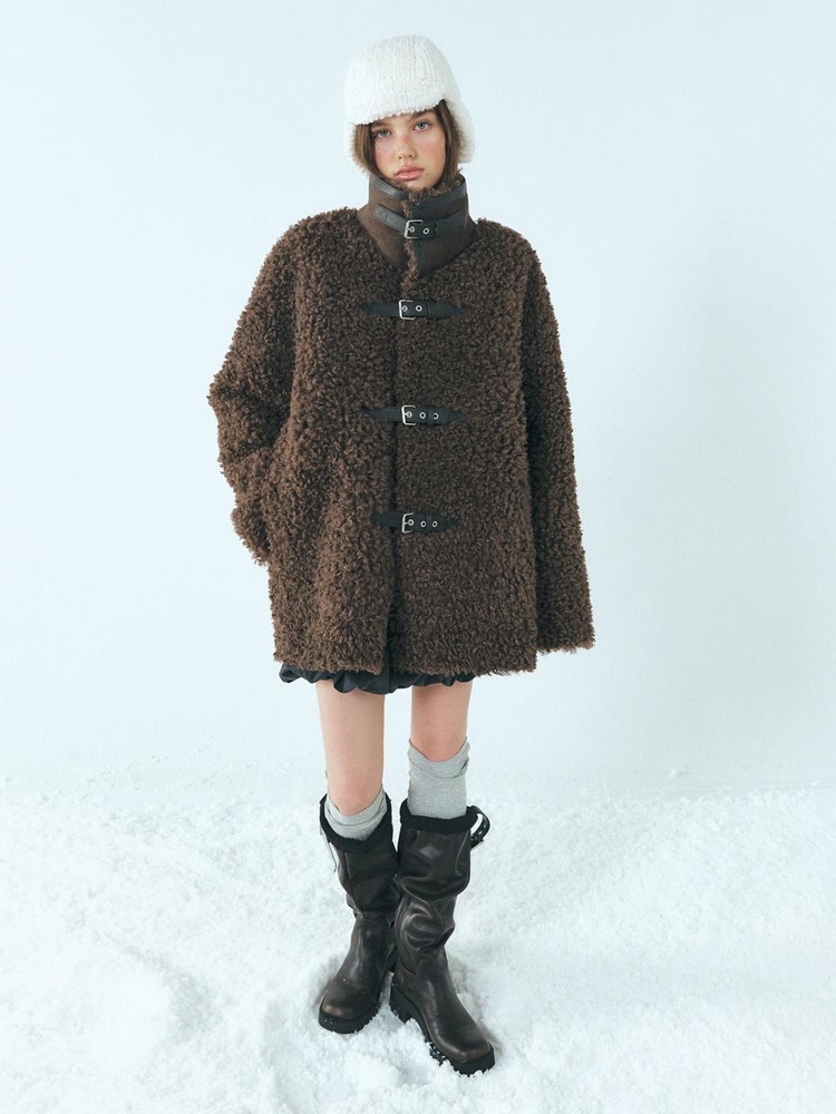 Buckle Shearling Mustang Coat, Brown