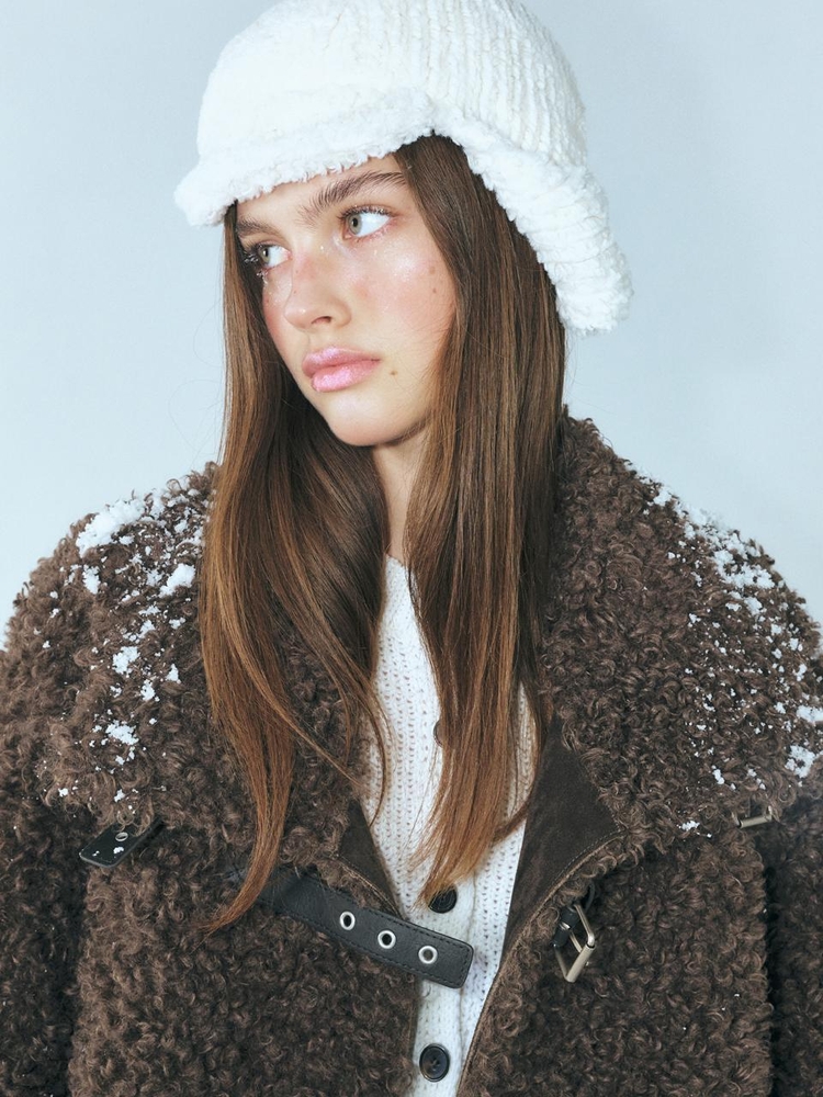 Buckle Shearling Mustang Coat, Brown