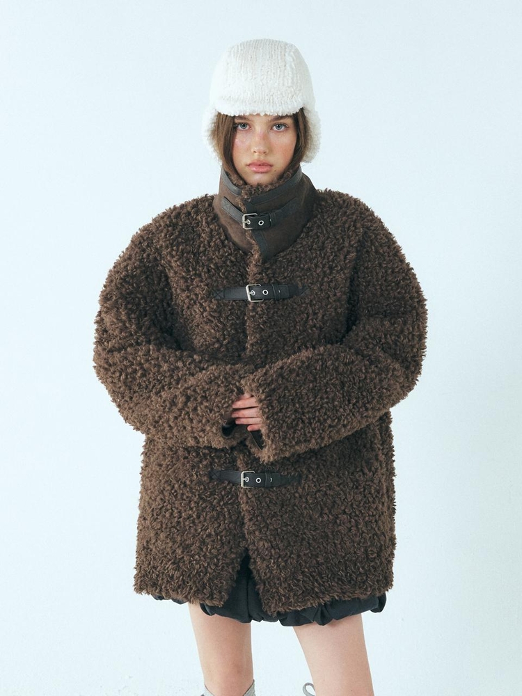 Buckle Shearling Mustang Coat, Brown