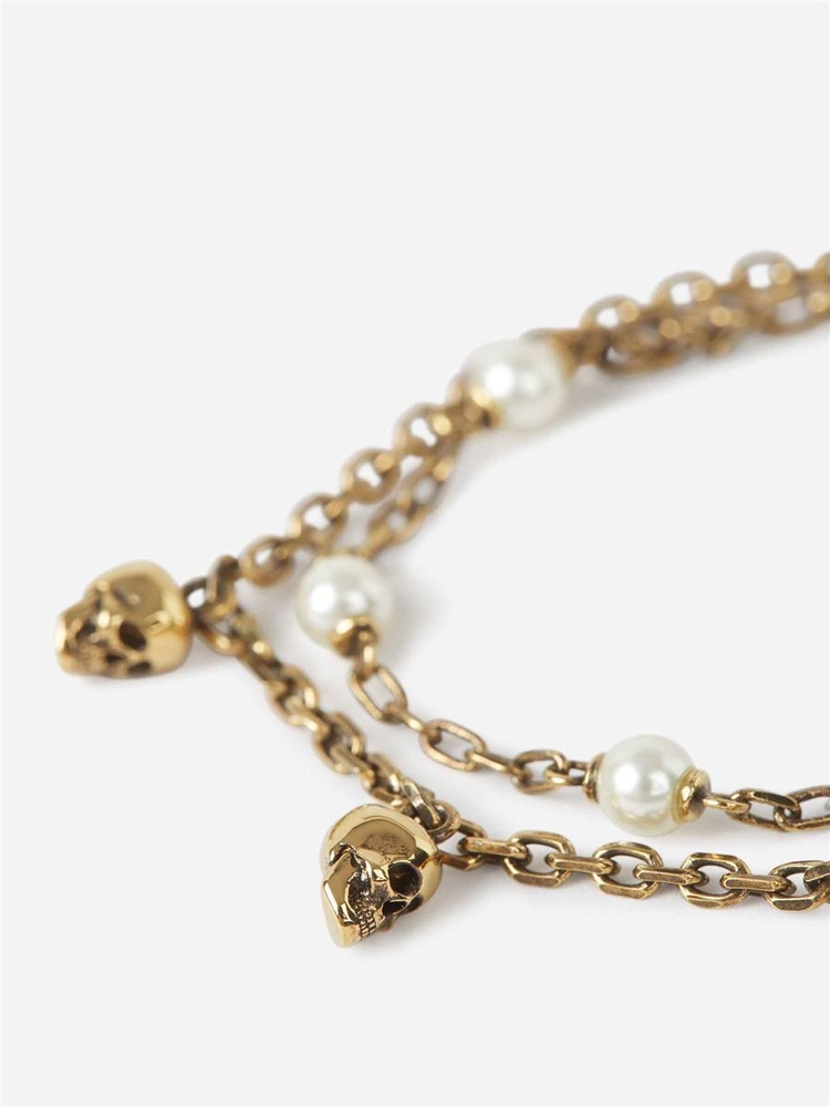 알렉산더 맥퀸 FW24 Pearl Skull Chain Bracelet 734750 I170A One Color