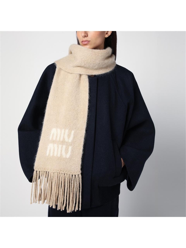 미우미우 FW24 Miu Miu Beige virgin wool logo scarf 5FS0622CQD Transparent