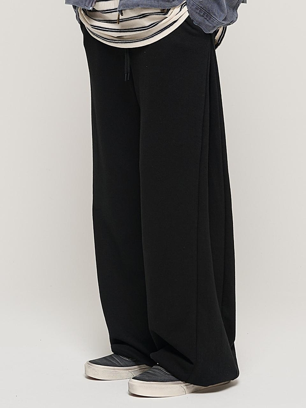 SIDE PINTUCK STANDARD SEMI-WIDE STRING PANTS (BLACK)