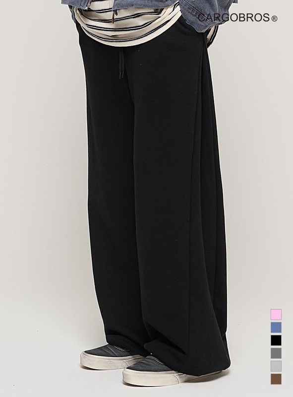 SIDE PINTUCK STANDARD SEMI-WIDE STRING PANTS (BLACK)