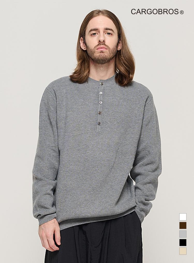 CASH HENLEY NECK SEMI-OVER SOFT KNIT (GRAY)