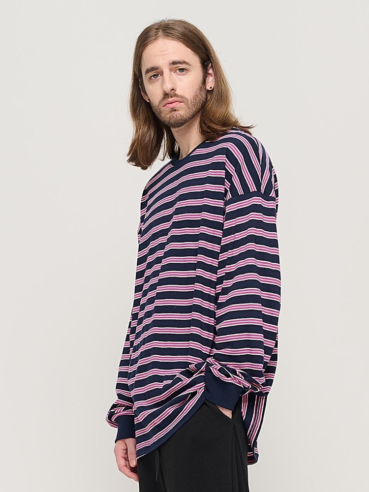 STRIPE OVER LONG SLEEVE TEE  (NAVY/PINK)