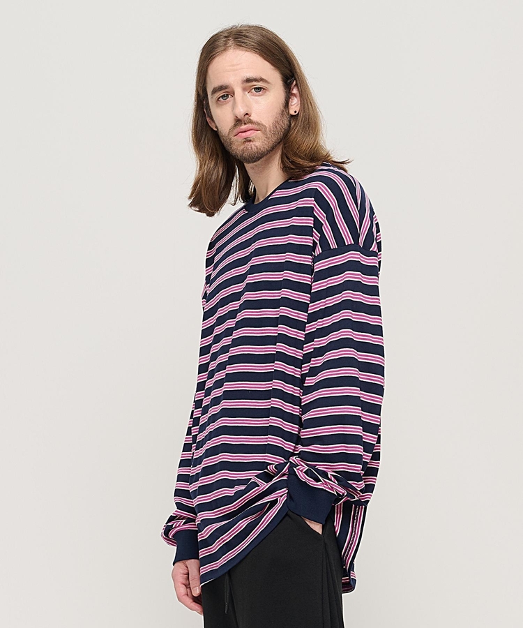 STRIPE OVER LONG SLEEVE TEE  (NAVY/PINK)