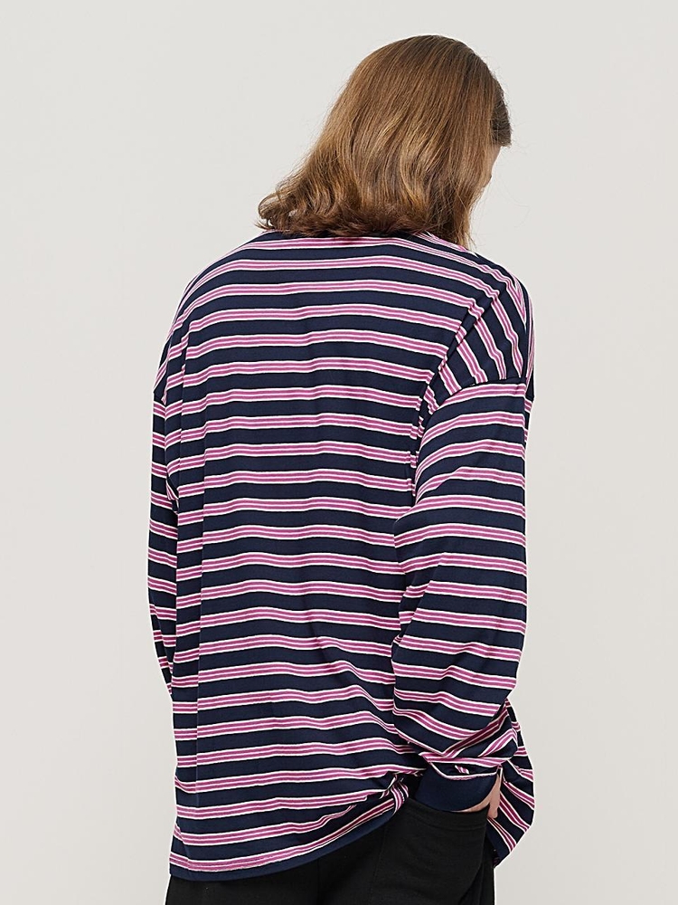 STRIPE OVER LONG SLEEVE TEE  (NAVY/PINK)