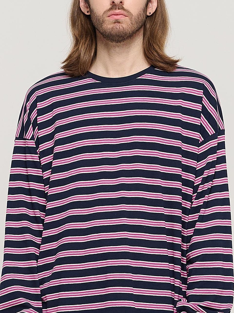 STRIPE OVER LONG SLEEVE TEE  (NAVY/PINK)