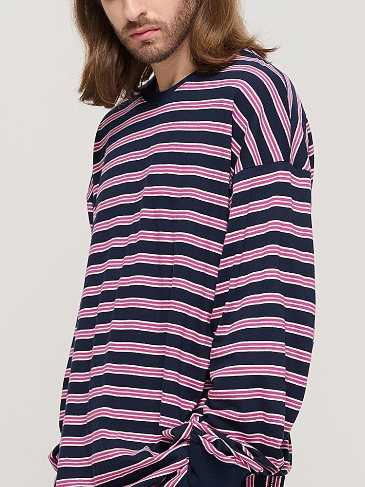 STRIPE OVER LONG SLEEVE TEE  (NAVY/PINK)