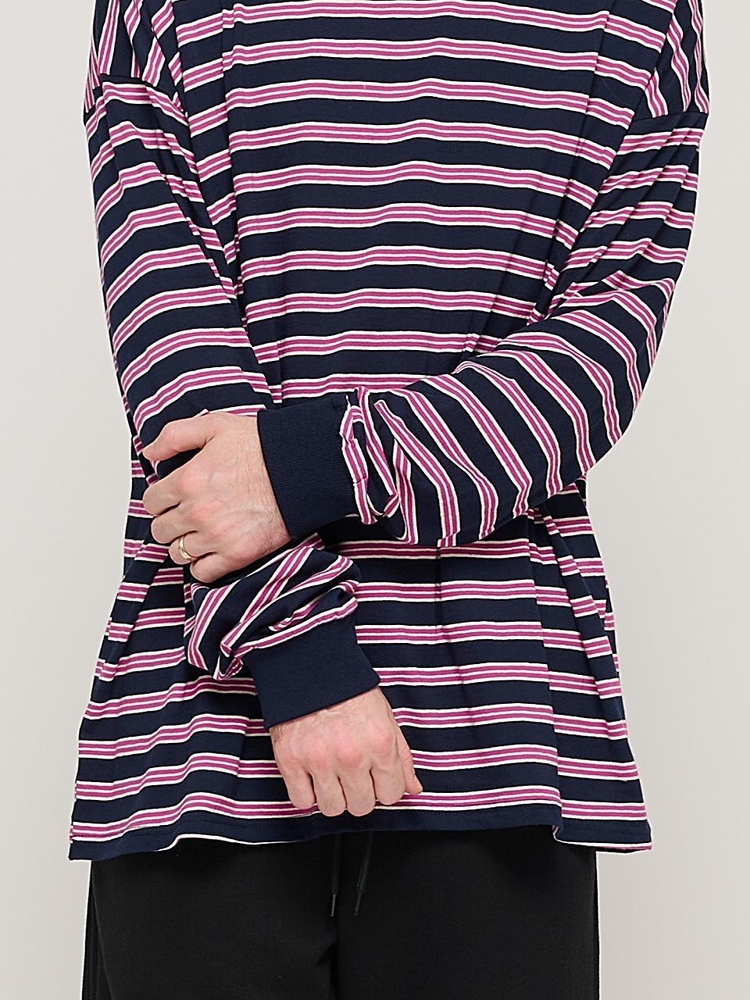 STRIPE OVER LONG SLEEVE TEE  (NAVY/PINK)