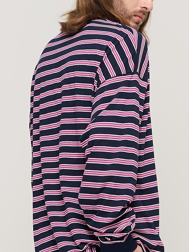 STRIPE OVER LONG SLEEVE TEE  (NAVY/PINK)