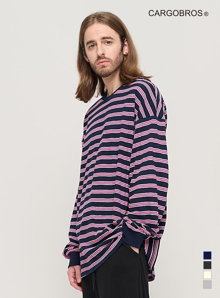 STRIPE OVER LONG SLEEVE TEE  (NAVY/PINK)