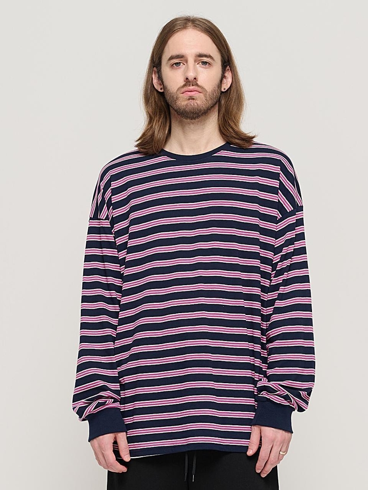 STRIPE OVER LONG SLEEVE TEE  (NAVY/PINK)