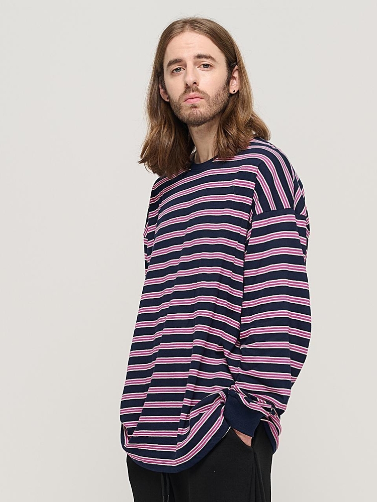 STRIPE OVER LONG SLEEVE TEE  (NAVY/PINK)