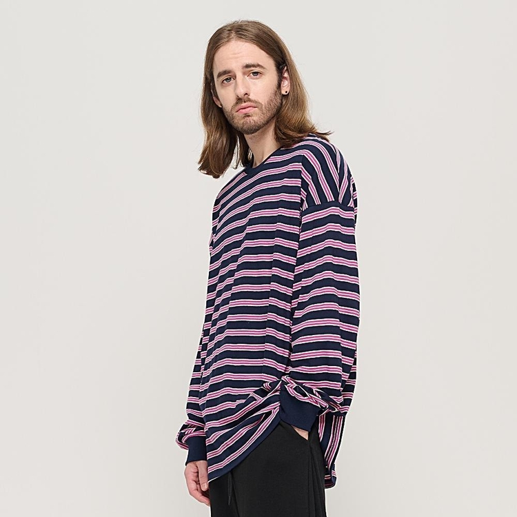 STRIPE OVER LONG SLEEVE TEE  (NAVY/PINK)