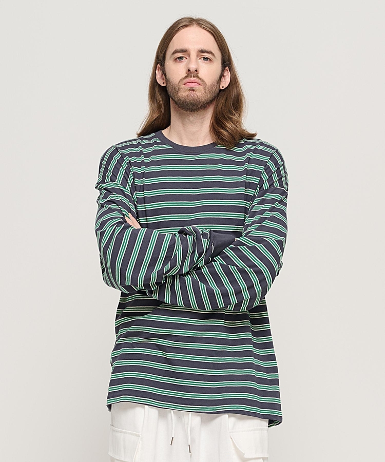 STRIPE OVER LONG SLEEVE TEE  (CHARCHOL/GREEN)