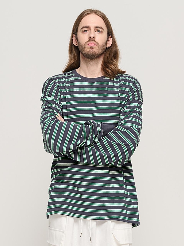 STRIPE OVER LONG SLEEVE TEE  (CHARCHOL/GREEN)