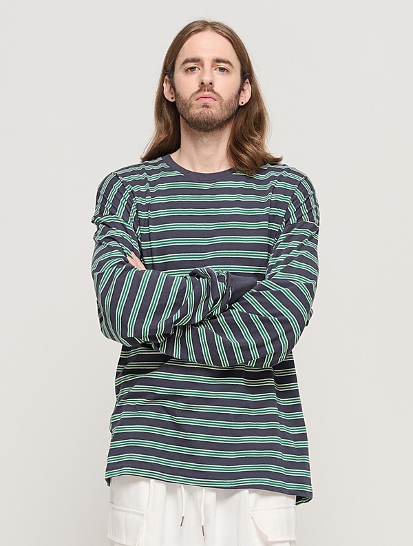 STRIPE OVER LONG SLEEVE TEE  (CHARCHOL/GREEN)