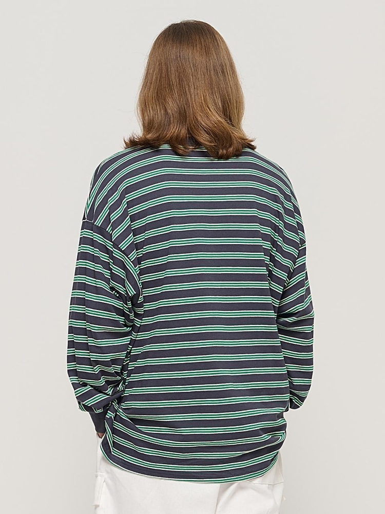 STRIPE OVER LONG SLEEVE TEE  (CHARCHOL/GREEN)