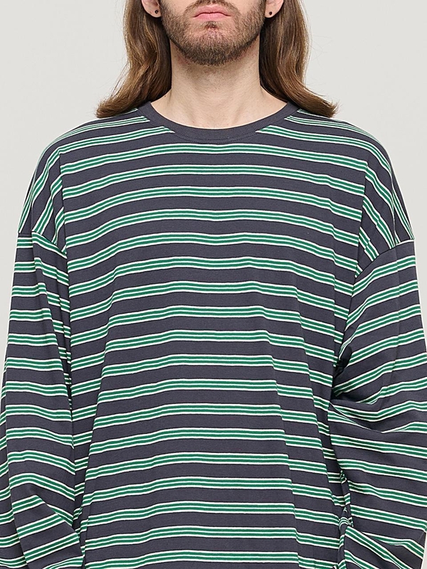 STRIPE OVER LONG SLEEVE TEE  (CHARCHOL/GREEN)