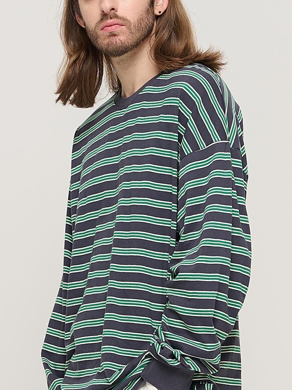 STRIPE OVER LONG SLEEVE TEE  (CHARCHOL/GREEN)