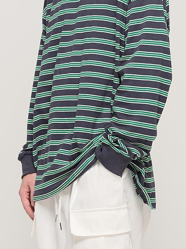 STRIPE OVER LONG SLEEVE TEE  (CHARCHOL/GREEN)