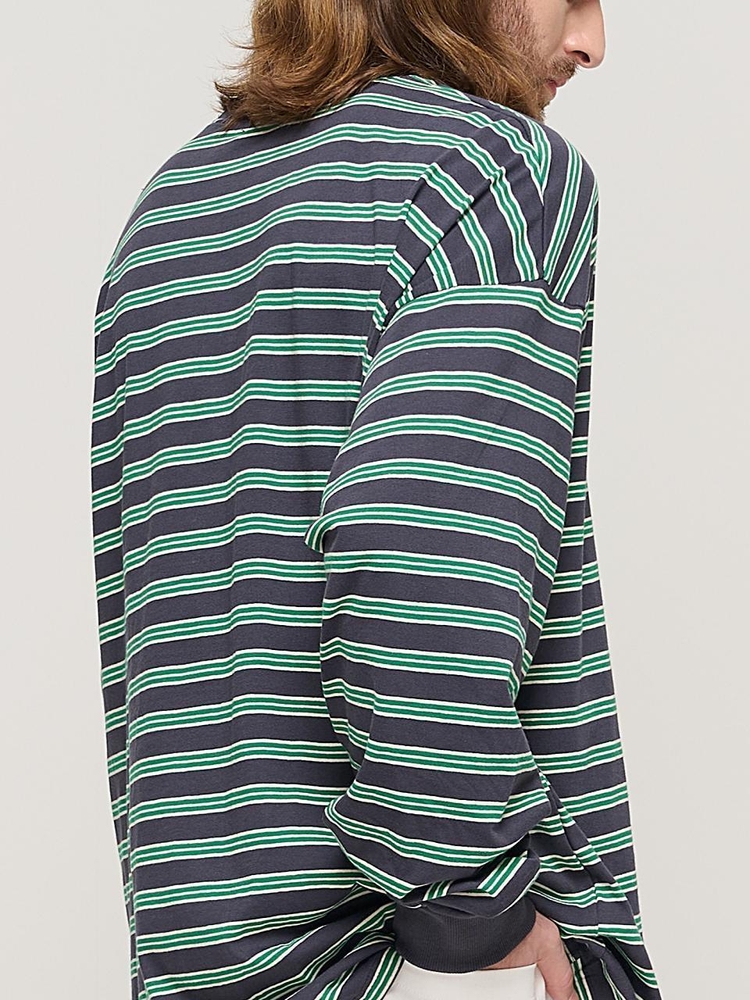 STRIPE OVER LONG SLEEVE TEE  (CHARCHOL/GREEN)