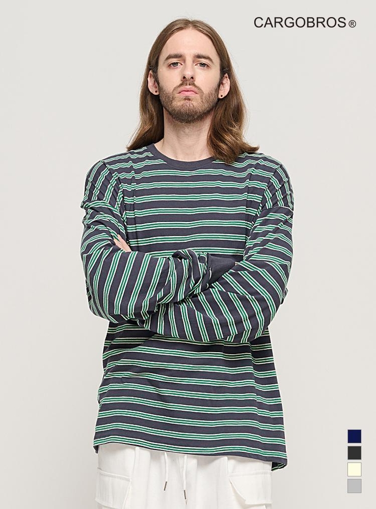 STRIPE OVER LONG SLEEVE TEE  (CHARCHOL/GREEN)