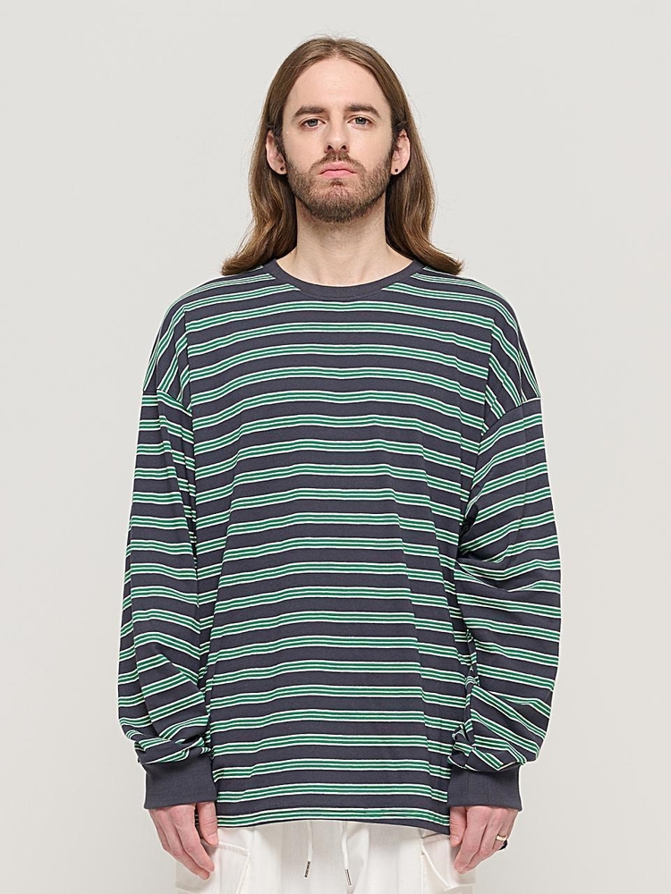 STRIPE OVER LONG SLEEVE TEE  (CHARCHOL/GREEN)