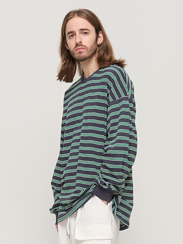 STRIPE OVER LONG SLEEVE TEE  (CHARCHOL/GREEN)