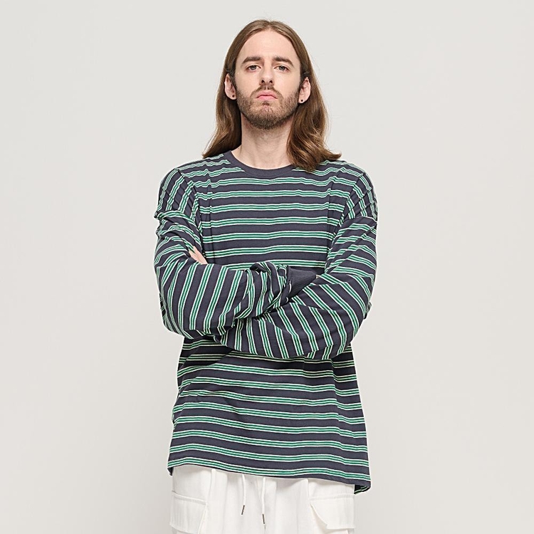 STRIPE OVER LONG SLEEVE TEE  (CHARCHOL/GREEN)