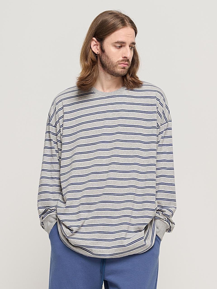 STRIPE OVER LONG SLEEVE TEE  (GRAY/BLUE)