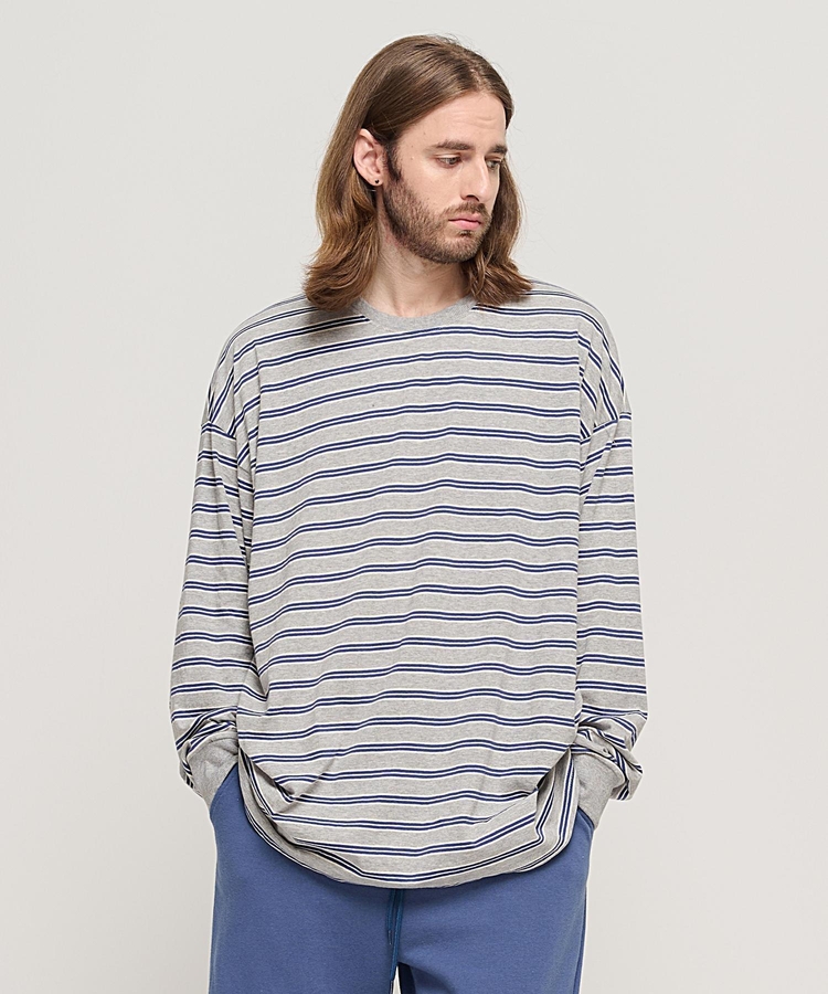 STRIPE OVER LONG SLEEVE TEE  (GRAY/BLUE)