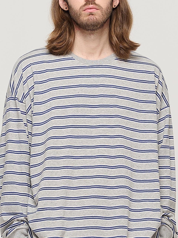 STRIPE OVER LONG SLEEVE TEE  (GRAY/BLUE)