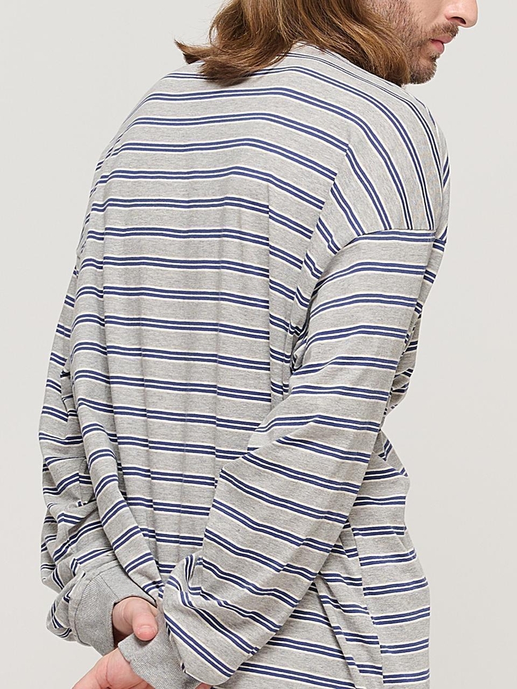 STRIPE OVER LONG SLEEVE TEE  (GRAY/BLUE)