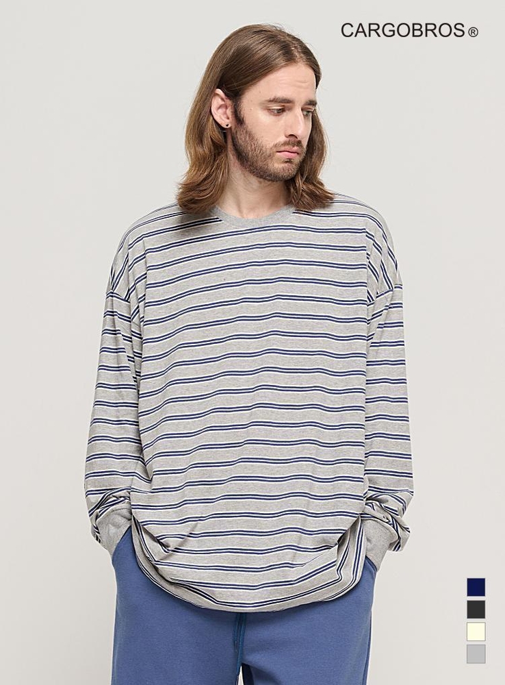 STRIPE OVER LONG SLEEVE TEE  (GRAY/BLUE)