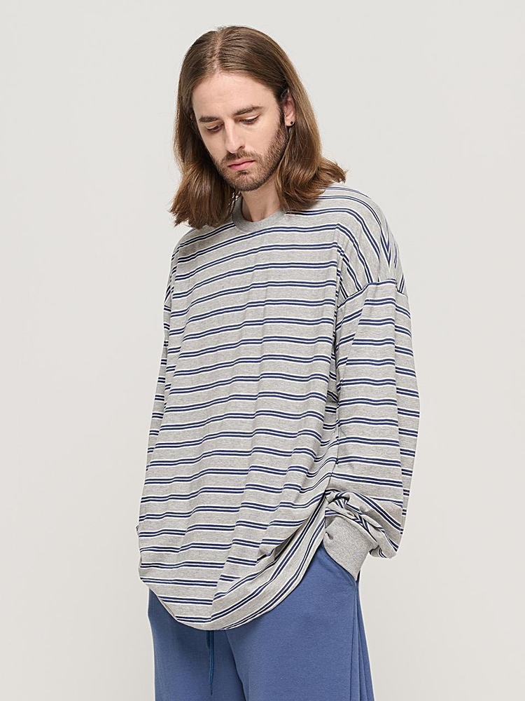 STRIPE OVER LONG SLEEVE TEE  (GRAY/BLUE)