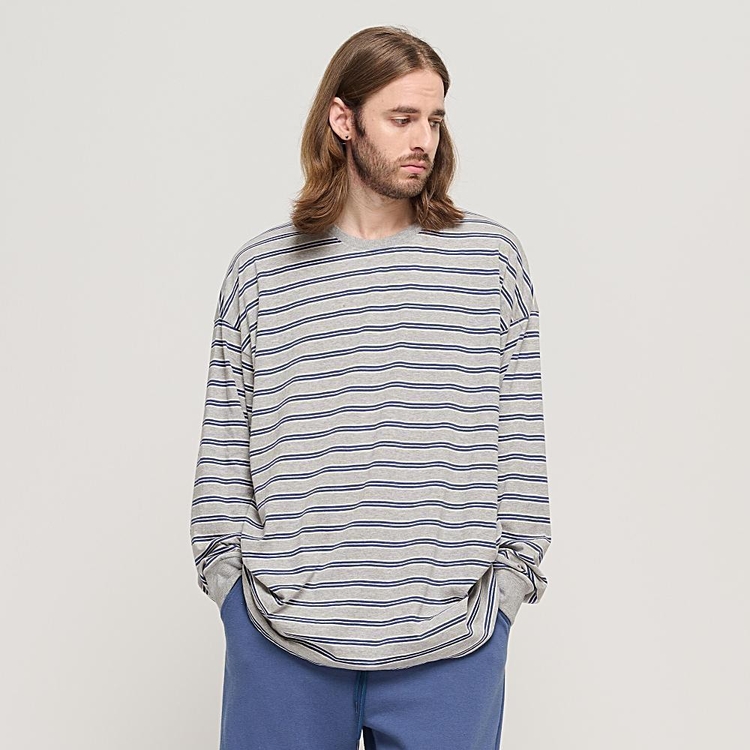 STRIPE OVER LONG SLEEVE TEE  (GRAY/BLUE)