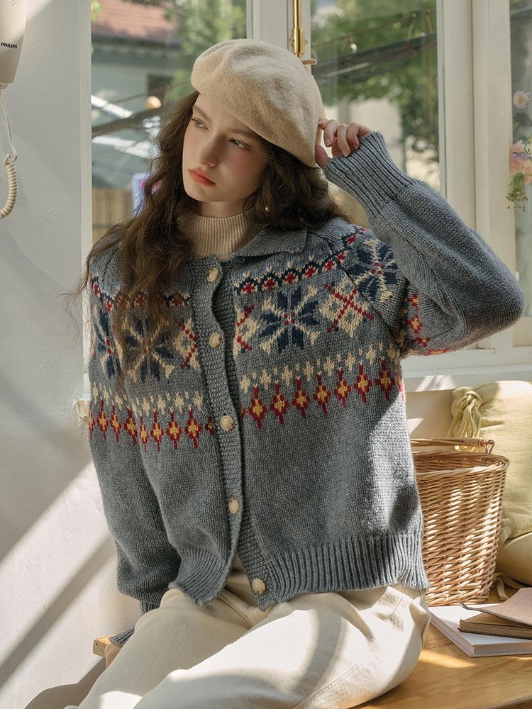 SR_Fair isle wool gray knit cardigan