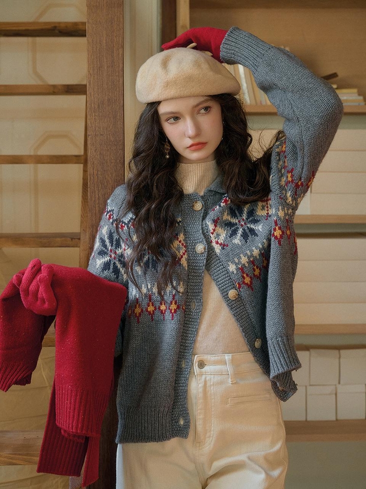 SR_Fair isle wool gray knit cardigan