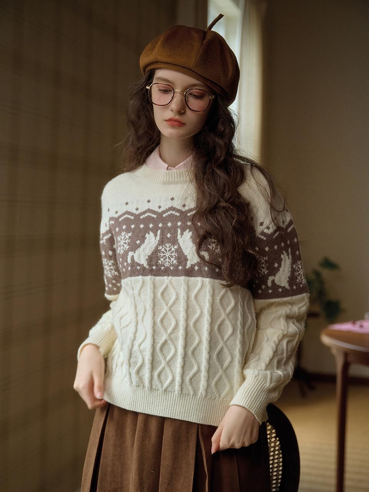 SR_Crewneck ivory jacquard knit sweater