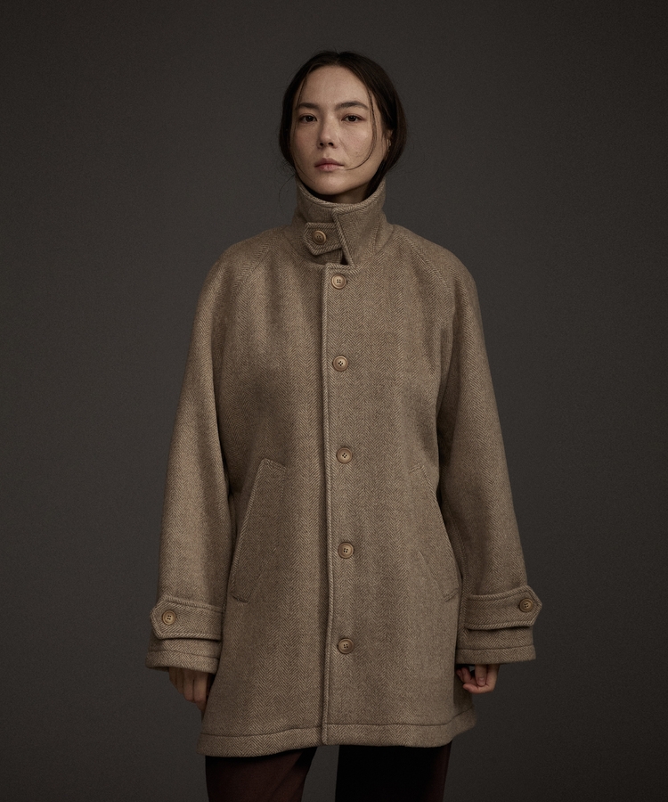 W Balmacaan Herringbone Wool Cashmere Half Coat Beige