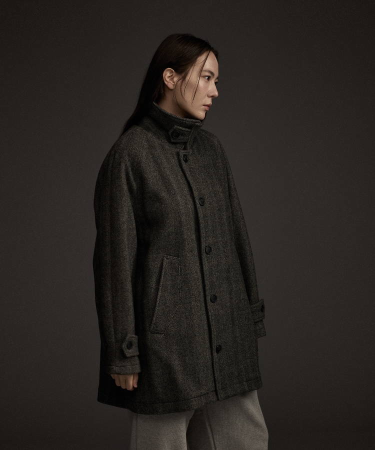 W Balmacaan Herringbone Wool Cashmere Half Coat Black